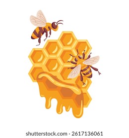 A vibrant vector illustration featuring bees buzzing around honeycombs. The intricate hexagonal patterns of the honeycomb are highlighted, showcasing the industrious nature of bees and the beauty of