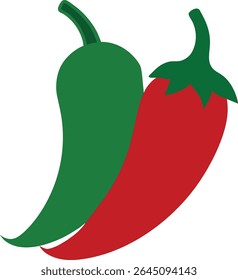 Uma ilustração vetorial vibrante com pimentas verdes e vermelhas.  O design utiliza um modelo de cores CMYK e inclui vários tons de verde e vermelho, criando um traje de imagem visualmente atraente