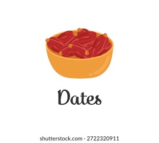 Vibrant vector illustration featuring a bowl filled with sweet, ripe red dates, perfect for healthy eating, Ramadan, or traditional dessert concepts.