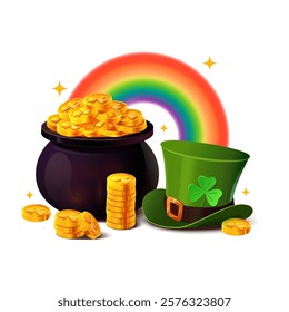 Vibrant vector illustration featuring a classic St. Patrick's Day theme with a pot of gold overflowing with shiny coins, a colorful rainbow, and a leprechaun hat adorned with a shamrock. Magical