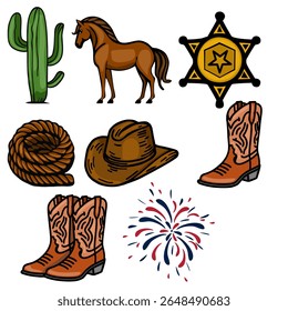 Uma ilustração vetorial vibrante com uma coleção de elementos do Velho Oeste: um cacto, um cavalo, um distintivo de xerifes, um laço, um chapéu de vaqueiro, botas de vaqueiro e um fogo de artifício, tudo apresentado em um negrito,...