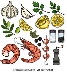 Uma ilustração vetorial vibrante com uma coleção de frutos do mar desenhados à mão e ingredientes mediterrâneos, incluindo camarão, alho, limões, azeitonas, salsa, louro, pimenta, sal e um...