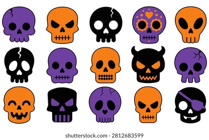 A vibrant vector illustration featuring a collection of colorful skulls in various designs, including pirate, devil, and sugar skull motifs, perfect for Halloween themes.