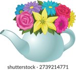 A vibrant vector illustration featuring a colorful bouquet of pink roses, yellow lilies, and blue daisies arranged inside a light blue teapot. Perfect for spring-themed designs, home décor graphics, greeting cards, or decorative art projects.
