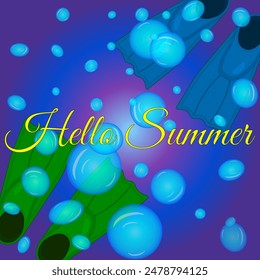 Vibrant vector illustration featuring colorful flippers and bubbles with Hello Summer text, perfect for celebrating summertime.