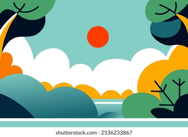 A vibrant vector illustration featuring a colorful landscape with trees, hills, and an orange sun. Flat style, perfect for nature-themed projects.