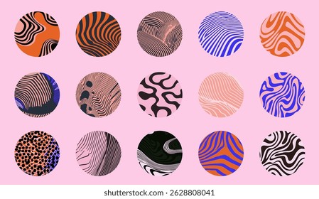 Vibrant vector illustration featuring colorful abstract circles, each with unique wavy, striped, and organic patterns in shades of pink, orange, blue, red, and black.