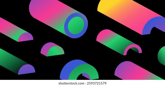 Vibrant vector illustration featuring cylindrical shapes in dynamic gradients of pink, green, and blue on a black background. The design showcases a modern, abstract aesthetic perfect for digital art.