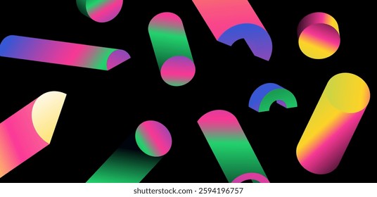 Vibrant vector illustration featuring cylindrical shapes with multicolor gradients on a black background. This dynamic design showcases a modern, abstract aesthetic, ideal for digital art projects.
