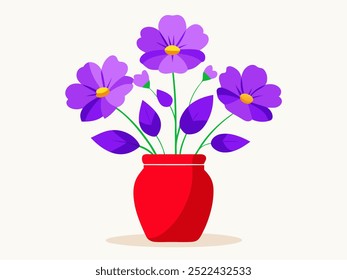 A vibrant vector illustration featuring delicate purple cosmos flowers in soft, dreamy light. The flowers are arranged in a striking red vase, creating a beautiful contrast of colors, 