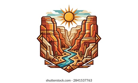 A vibrant vector illustration featuring a desert canyon with towering red rock formations a winding river and a bright sun in a geometric frame.