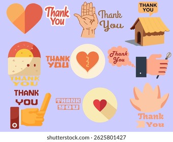 A vibrant vector illustration featuring a diverse collection of Thank You themed icons and designs. The set includes various elements such as hearts, hands, a house, food, and speech bubbles