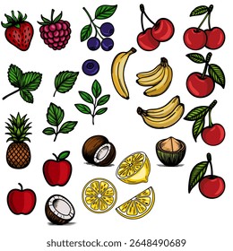 Uma ilustração vetorial vibrante com uma coleção diversificada de frutas desenhadas à mão, incluindo morangos, framboesas, mirtilos, cerejas, bananas, abacaxi, maçãs, coco e limões, cada um...