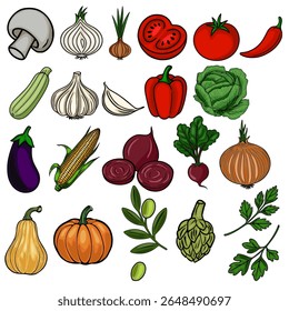 Uma ilustração vetorial vibrante com uma coleção diversificada de vegetais desenhados à mão, incluindo cogumelos, alho, cebolas, tomates, pimentos, repolho, berinjela, milho, beterraba e abóboras, showcasi...