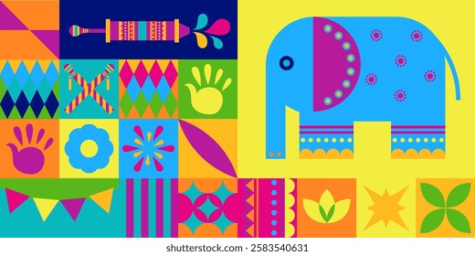 A vibrant vector illustration featuring an elephant and festive Holi motifs in a colorful design. Perfect for Indian festival themes, posters, or event decor.