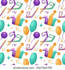 A vibrant vector illustration featuring a festive birthday pattern adorned with party horns, colorful balloons, and whimsical jester hats. Perfect for invitations, decorations, and celebratory designs