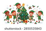 A vibrant vector illustration featuring five diverse children dressed as Christmas elves in green and red outfits. One elf on a ladder places a star on the tree, another holds a gift, one plays a drum, and others celebrate with confetti. The scene includes a decorated Christmas tree, wrapped presents, snowflakes, pinecones, and holly berries against a clean white background.