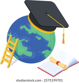 A vibrant vector illustration featuring a globe adorned with a graduation cap, a ladder symbolizing growth, and an open book with a diploma. Perfect for educational, academic, or travel-related design