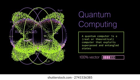 Vibrant vector illustration featuring a glowing double-lobed structure resembling overlapping quantum wavefunctions or entangled qubit states, built from thousands of bright particle dots in neon green, purple, pink, and cyan, outlined by smooth purple and lime elliptical orbits on a deep black background, with scattered numerical labels for a scientific data visualization feel. Conceptual vector illustration for quantum computing, qubit entanglement, superposition states, quantum mechanics themes.
