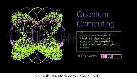 Vibrant vector illustration featuring a glowing double-lobed structure resembling overlapping quantum wavefunctions or entangled qubit states, built from thousands of bright particle dots in neon green, purple, pink, and cyan, outlined by smooth purple and lime elliptical orbits on a deep black background, with scattered numerical labels for a scientific data visualization feel. Conceptual vector illustration for quantum computing, qubit entanglement, superposition states, quantum mechanics themes.