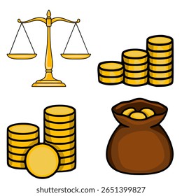 Uma ilustração vetorial vibrante com uma escala dourada de justiça, pilhas de moedas de ouro e um saco de dinheiro, simbolizando riqueza, lei e prosperidade financeira.
