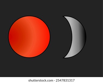 Una Ilustración vectorial vibrante con un sol y una luna de media luna gris sobre un fondo oscuro, que simboliza el equilibrio y la dualidad. Perfecto para temas contrastantes y diseños cósmicos.