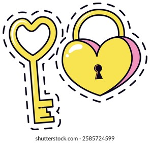 Vibrant vector illustration featuring a heart shaped lock and key. Perfect for themes of love, security, and romance. Ideal for use in design projects and creative concepts