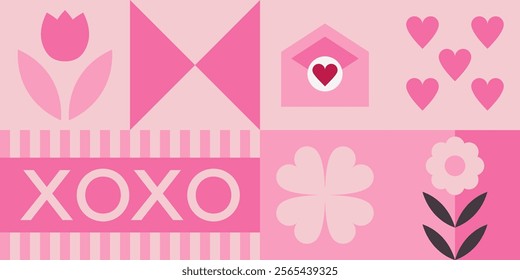 A vibrant vector illustration featuring hearts and flower shapes arranged in a retro geometric grid. Designed in a bold pink palette.