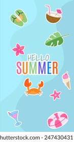 Vibrant vector illustration featuring "Hello Summer" text with seasonal elements like flip-flops, coconut drink, flowers, crab, ice cream, and more on a blue background.