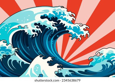 A vibrant vector illustration featuring a Japanese-style great wave set against a retro comic background