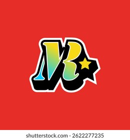 A vibrant vector illustration featuring the letters MR in a stylized, flowing font with a gradient fill of yellow, green, and blue, outlined in black and white.