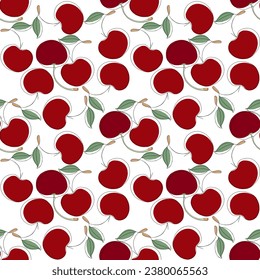 Vibrant vector illustration featuring luscious red cherries, skillfully arranged in a seamless pattern against a clean white background, This design exudes a burst of fruity freshness