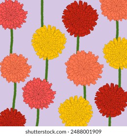A vibrant vector illustration featuring marigold flowers in a seamless pattern. The yellow, orange, and red blooms are set against a soft lavender background, creating a lively and cheerful design.