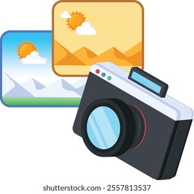 A vibrant vector illustration featuring a modern camera alongside two scenic photo frames with mountains, clouds, and sunlit skies.