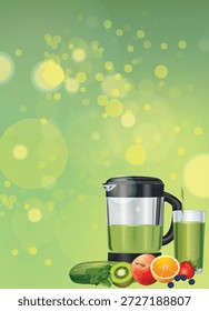 Una Ilustración vectorial vibrante con una licuadora moderna llena de un batido verde junto a un vaso, rodeada de frutas y verduras frescas que incluyen pepino, kiwi, manzana, naranja, fresas y arándanos. Ideal para zumos, batidos, salud y diseños con temas de bienestar.