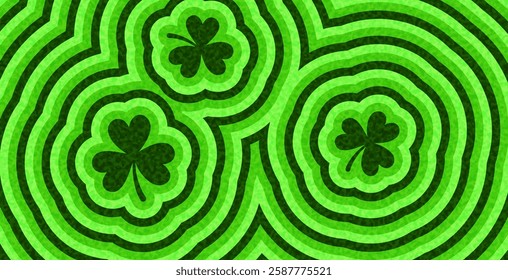 A vibrant vector illustration featuring multiple shamrocks surrounded by dynamic green ripple patterns, symbolizing luck and Irish heritage.