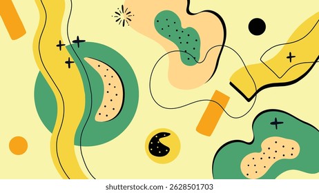 Vibrant vector illustration featuring overlapping circles, arrows, bold shapes and energetic doodles on light yellow background. Eye-catching and modern abstract design for creative use.