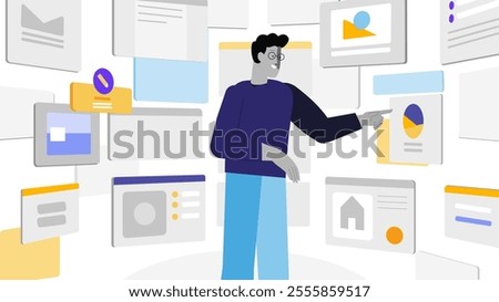 A vibrant vector illustration featuring a person interacting with floating UI components, symbolizing modern technology, user interface design, and innovation in digital solutions.