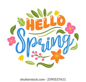 A vibrant vector illustration featuring the phrase Hello Spring adorned with colorful flowers and lush green leaves, capturing the essence of renewal and warmth that the spring season brings.