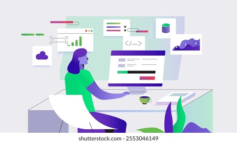 Una Ilustración vectorial vibrante con un profesional trabajando en una computadora rodeado de interfaces de codificación, análisis de datos visuales, íconos de computación en la nube y Elementos tecnológicos modernos.