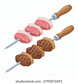 Vibrant vector illustration featuring raw and grilled pieces of delicious beef skewered on sharp metal sticks for barbecue food design