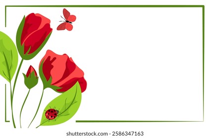 Vibrant vector illustration featuring red roses, a butterfly, and a ladybug in a natural setting. Copy space