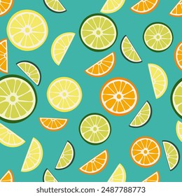 Ilustración vectorial vibrante con un patrón sin fisuras de rodajas de cítricos sobre un fondo sólido. Perfecto para diseños frescos y cítricos, proyectos de verano y decoración de cocina.