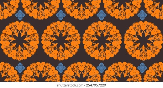 A vibrant vector illustration featuring a seamless ethnic floral pattern in shades of orange on a contrasting background. This intricate design highlights traditional motifs.