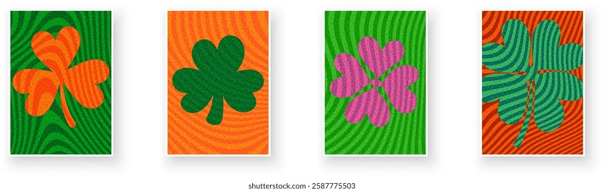 A vibrant vector illustration featuring shamrocks and four-leaf clovers in bold colors with dynamic wavy patterns, symbolizing luck.