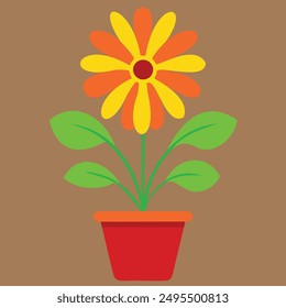 A vibrant vector illustration featuring a single red flower with large green leaves in a stylish red pot. The artwork is designed with a minimalist approach