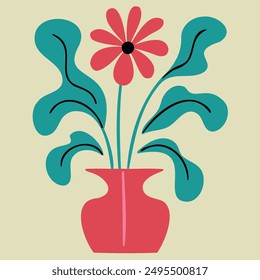 A vibrant vector illustration featuring a single red flower with large green leaves in a stylish red pot. The artwork is designed with a minimalist approach