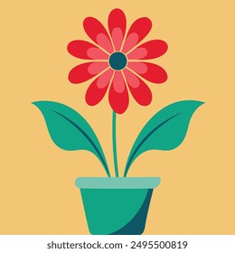 A vibrant vector illustration featuring a single red flower with large green leaves in a stylish red pot. The artwork is designed with a minimalist approach