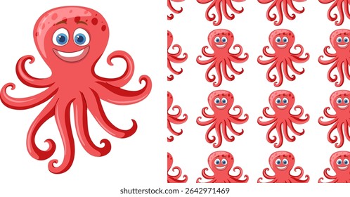 A vibrant vector illustration featuring a smiling octopus in a seamless pattern. Ideal for playful designs and children's themes