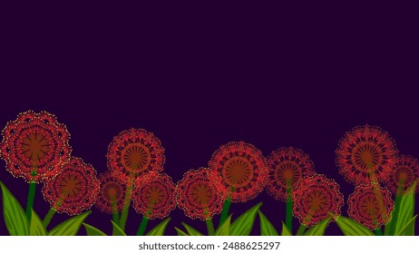 Una Ilustración vectorial vibrante con llamativos lirios de sangre con exuberantes hojas verdes sobre un fondo púrpura profundo. Este patrón es perfecto para Fondos de pantalla, textiles y aplicaciones decorativas.